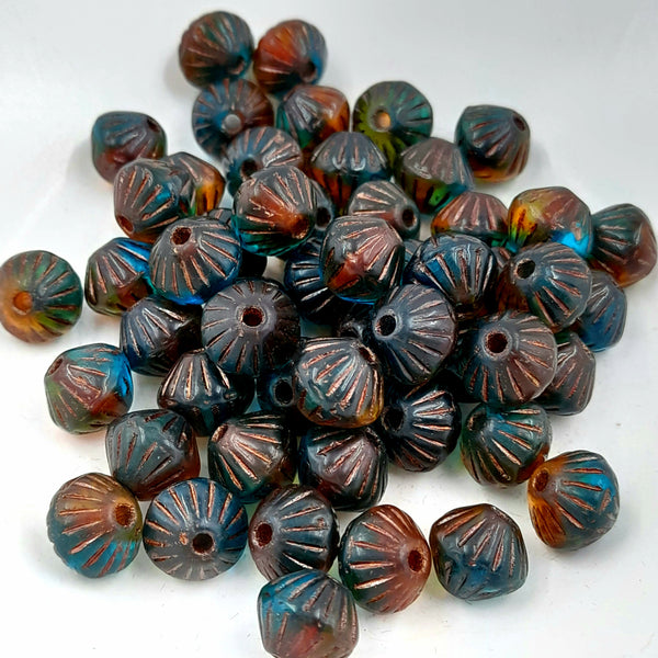 Czech Glass 11mm Tribal Bicone Transparent Teal Amber Emerald with Bronze Wash