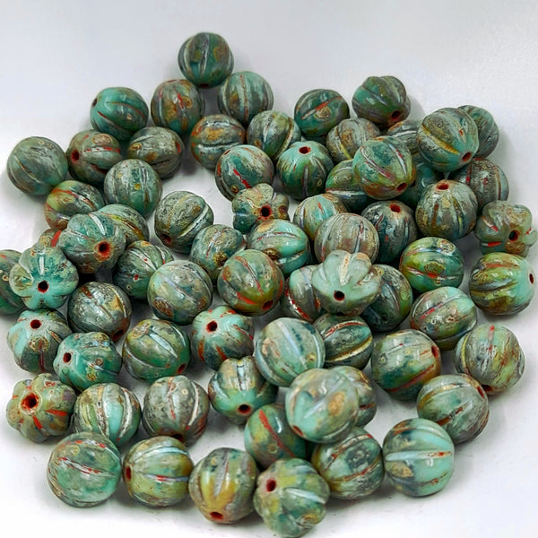 Czech Glass 8mm Melon Sea Green & Fern With Picasso Finish