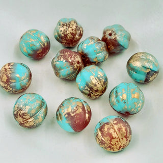 Czech Glass 14mm Melon Teal Blue & Dusty Rose With Gold Finish
