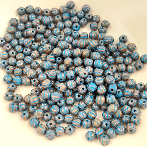 Czech Glass 4mm Melon Metallic Grey With Turquoise Wash