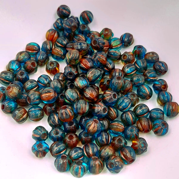 Czech Glass 6mm Large Hole Melon Teal, Amber & Artichoke With Copper Wash