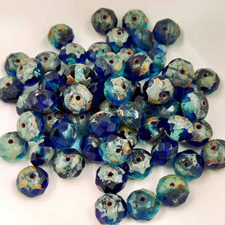 Czech Glass 6x8mm Rondelle Sapphire & Teal Blue With Picasso Finish