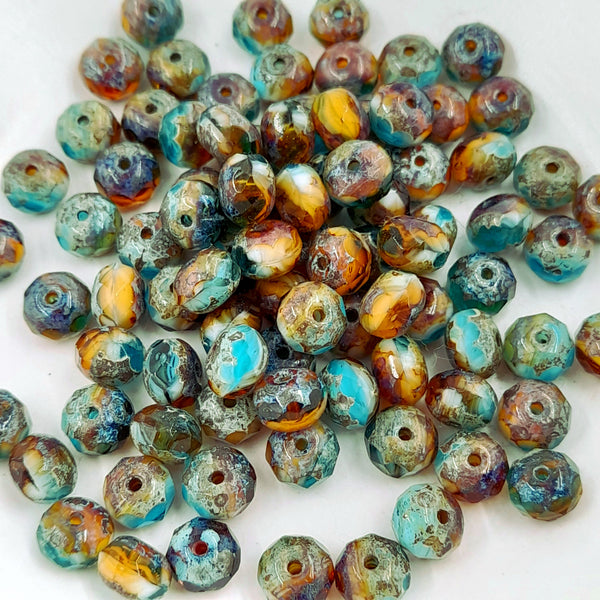 Czech Glass 5x7mm Rondelle Pacific Blue, Amber, & White With Picasso Finish