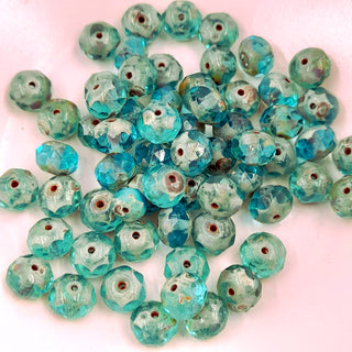 Czech Glass 6x8mm Rondelle Transparent Turquoise With Picasso Finish
