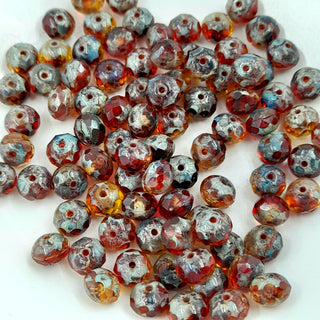 Czech Glass 5x7mm Rondelle Transparent Crimson & Yellow With Picasso Finish