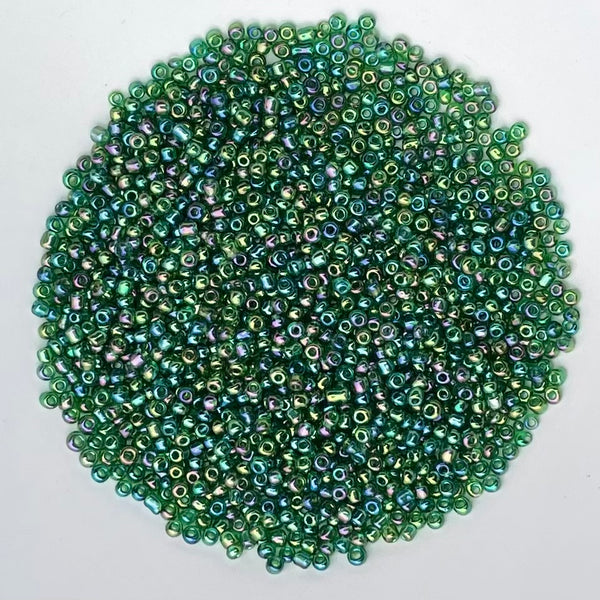 Chinese Seed Beads Size 11 Transparent Green AB 25gm Bag